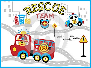 Rescue team cartoon vector with funny firefighter and police car