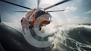 Rescue team descending from a helicopter at a ship in distress.