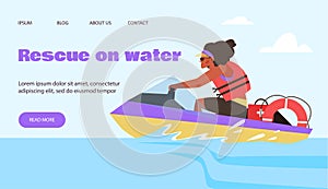 Rescue on water team banner with lifeguard on jet ski, flat vector illustration.