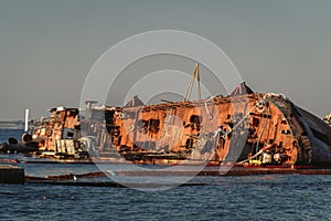 Rescue wrecked oil tanker Delfi in Odessa, Ukraine 26 August 2020, near Black Sea coast. Marine Crane lift wreck Delphi into sea.