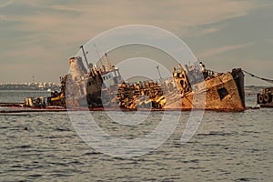 Rescue wrecked oil tanker Delfi in Odessa, Ukraine 26 August 2020, near Black Sea coast. Marine Crane lift wreck Delphi into sea.