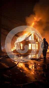 Rescuer battles smoldering embers in burnt out house, water providing essential aid