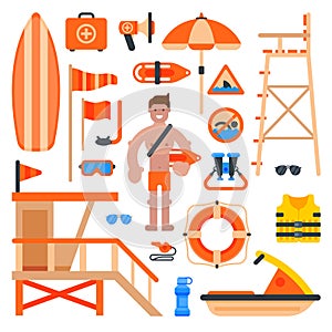 Rescuer lifesaver worker man on beach and of life-saving service lifeguard beach devises vector illustration.