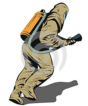 Rescuer in protective suit. Stock illustration.