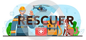 Rescuer typographic header. Emergency help, ambulance lifeguard