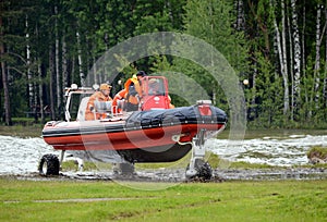 Rescuers on the amphibious boat `SEALEGS` on the range of the Noginsk rescue center EMERCOM of Russia.