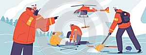 Rescuers Characters Airlift An Injured Skier From The Rugged Mountain Terrain, A Helicopter Descent Offering Hope