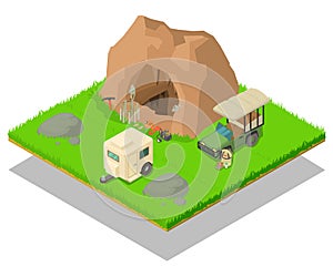 Research of cave concept banner, isometric style