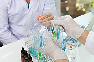 Research and development concept, Laboratory scientist working at lab with test tubes about medicine