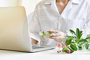 Research and development concept. Scientist use laptop computer for natural organic extraction drug research.