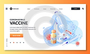 Research development of covid-19 vaccine. Coronavirus vaccination concept. Vector lab equipment isometric illustration