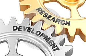 Research and Development gears, innovation and technology concept. 3D rendering