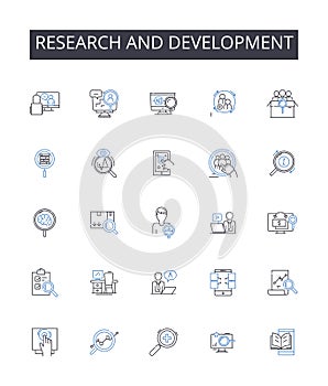 Research and development line icons collection. Contemplate, Meditate, Ruminate, Pensive, Pondering, Reflective