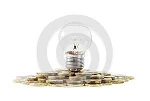 Research Funding Concept Light Bulb on Pile of Coi