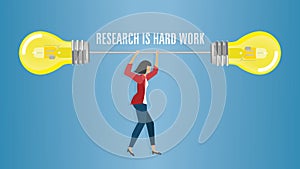 Research is hard work. Woman and two big lightbulbs.