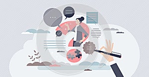 Research information with fact check or analytic approach tiny person concept