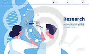 Research lab landing. Researchers scientists test dna in chemical laboratory. Pharmaceutical biochemistry vector concept