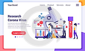 Research laboratory concept for Covid-19 Corona virus with scientists working at medicine laboratorium. Modern flat web page