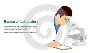 Research laboratory concept man hold and operate microscope and write the result minimalist simple flat style illustration