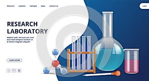 Research laboratory landing page. Pharmaceutical vector web banner template. Realistic lab equipment
