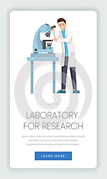 Research laboratory mobile webpage template. Lab worker, chemist, pharmacologist using microscope cartoon character