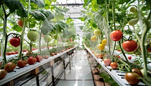 Organic hydroponic tomato plots growing in vertical farm. Generated with AI photo