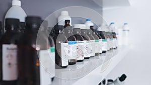 Research, pharmaceutical chemical and bottle on shelf in laboratory with medical warning label, science and cure