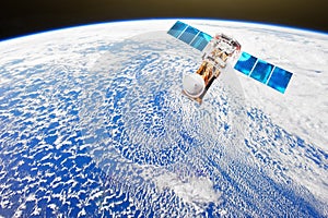 Research, probing, monitoring of in atmosphere. Satellite makes a survey of cloudiness and other weather parameters from space pla