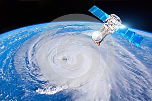 Research, probing, monitoring hurricane Florence. Satellite above the Earth makes measurements of the weather parameters. Elements