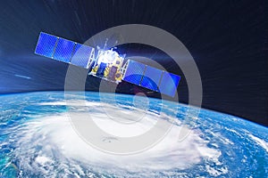 Research, probing, monitoring hurricane Florence. Satellite above the Earth makes measurements of the weather parameters. Elements