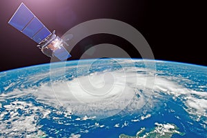 Research, probing, monitoring hurricane. Satellite above the Earth makes measurements of the weather parameters. Elements of this