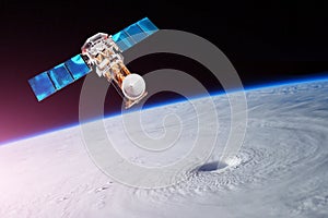 Research, probing, monitoring of tracking in a tropical storm zone, a hurricane. Satellite above the Earth makes measurements of t