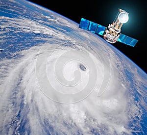 Research, probing, monitoring typhoon. Satellite above the Earth makes measurements of the weather parameters. Elements of this im