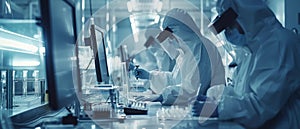 Research Scientists in Sterile Suits Working with Computers, Microscopes, and Industrial Machinery in the Laboratory