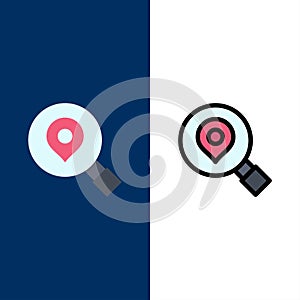 Research, Search, Map, Location  Icons. Flat and Line Filled Icon Set Vector Blue Background