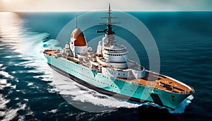research ship explores, a huge ship with scientific instruments, a bright setting sun, turquoise sea and waves
