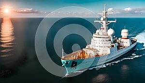 research ship explores, a huge ship with scientific instruments, a bright setting sun, turquoise sea and waves