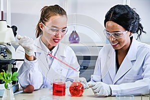 Research teams Cacausian and African female, Two  scientist in protective glasses looking and testing tube chemical in laborator