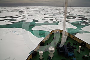 Research vessel in icy arctic sea