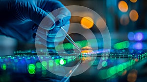 Scientist conducting research on a glowing microchip with precision tools in a high-tech laboratory