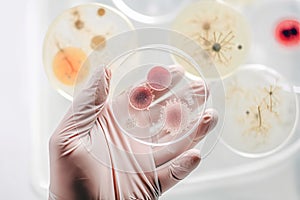 Researcher hand in glove holding Petri dish with colonies of different bacteria and molds on white lab background.