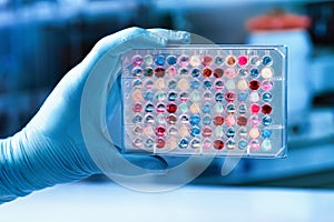 Researcher hand holding microplate for analytical research