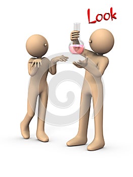 The researcher has a flask. He succeeded in developing a new drug. White background. 3D illustration