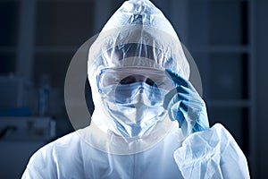 Researcher in hazmat suit