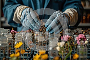 Researcher meticulously organizing botanical specimens for study, AI -Generated.