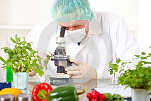 Researcher with microscope with a GMO vegetables