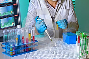 Researcher pipetting sample in tube in the science lab