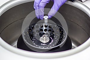Researcher or scientist or PHD student working in a biotechnology laboratory sampling DNA in a test tube with centrifuge