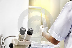 The researcher using the microscope