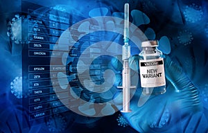 Researcher with vaccine vial and syringe for New Variants of the Covid-19 or coronavirus